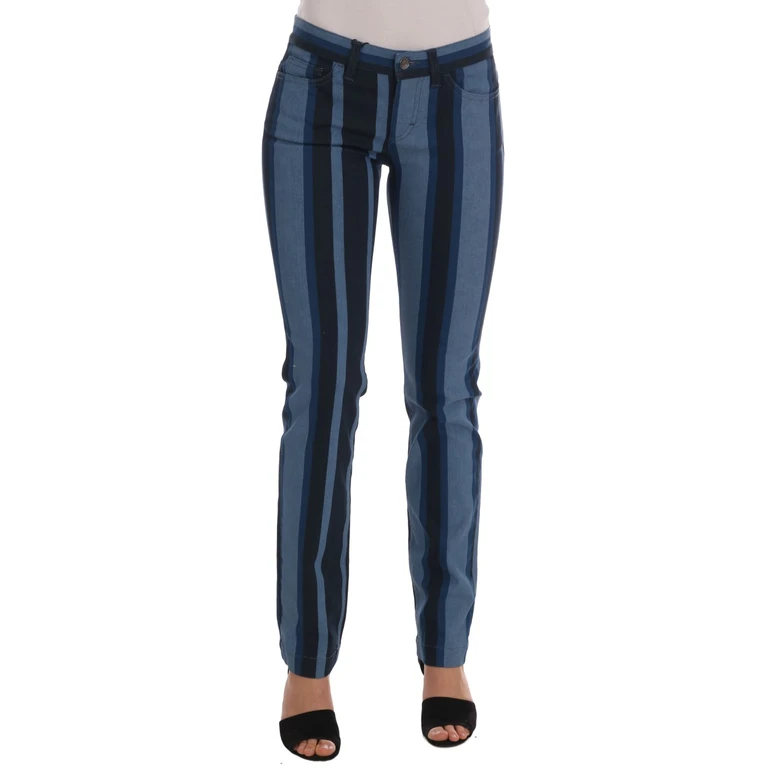 Blue Girly Striped Cotton Jeans Clothing - Women
