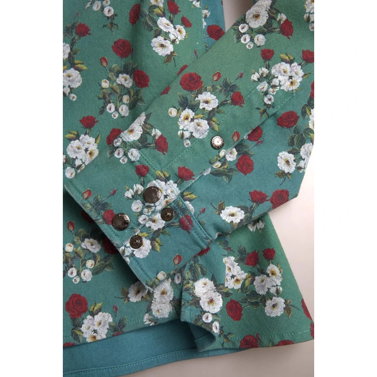 Blue Floral Cotton Button Down Denim Shirt - Men