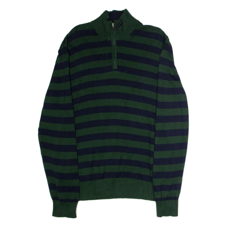 NAUTICA Mens Patterned Jumper Green Striped 1/4 Zip Tight Knit L