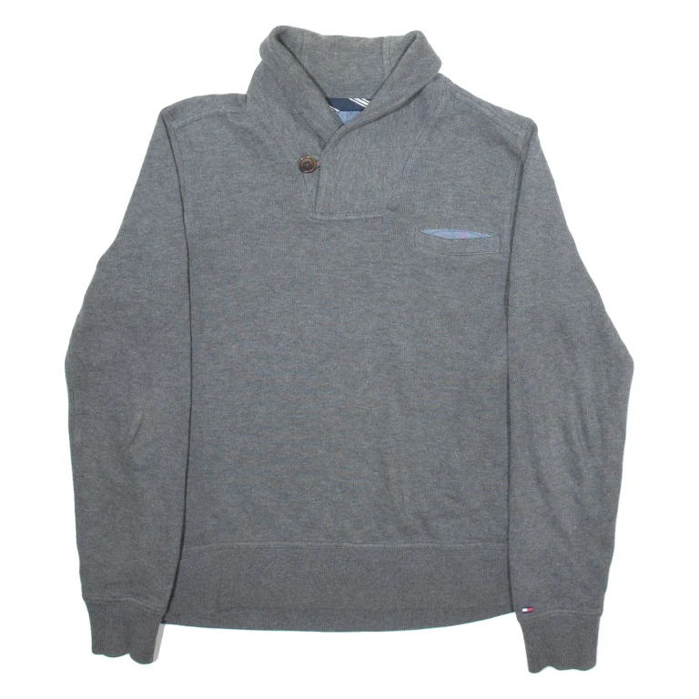 TOMMY HILFIGER Mens Jumper Grey Button Neck Tight Knit S
