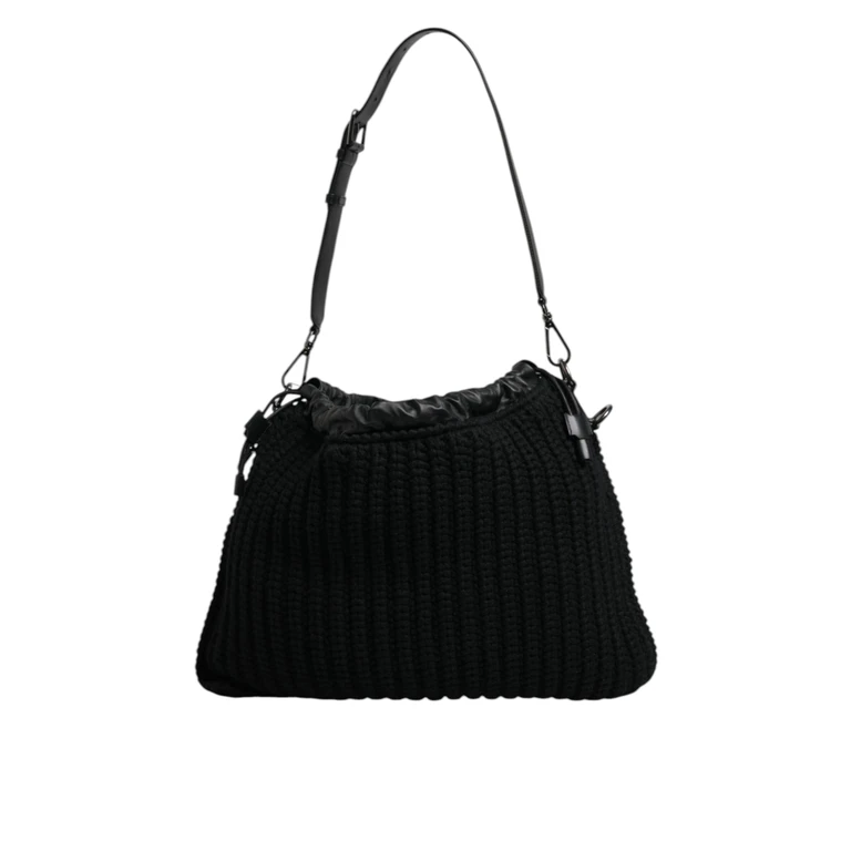 Dolce & Gabbana Black Cashmere Knitted Leather Shoulder Bag Lamb Calf - Women