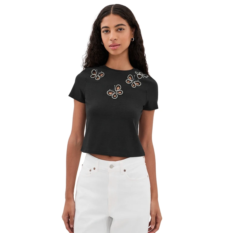 ALICE + OLIVIA Cindy Embellished Cropped Tee with Cutouts Black/Silver Crystal S
