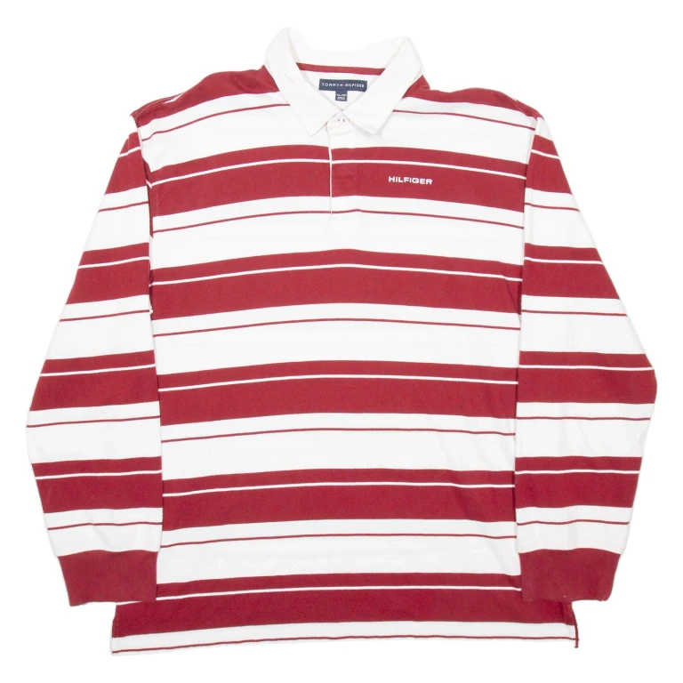 TOMMY HILFIGER Mens Polo Shirt Red Striped Long Sleeve 2XL