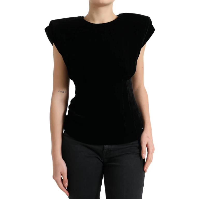 Dolce & Gabbana Black Velvet Fitted Padded Shoulder Blouse Top Viscose Silk - Women