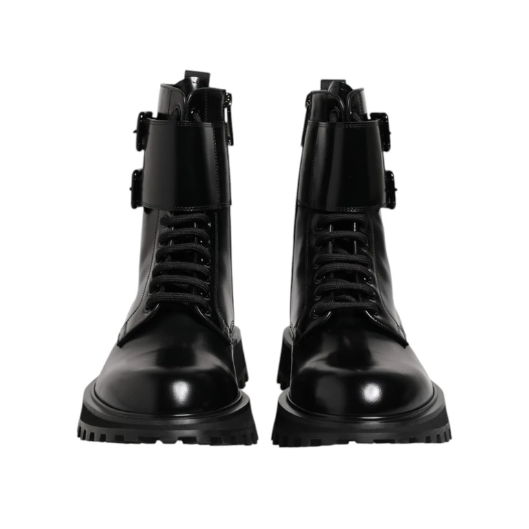 Dolce & Gabbana Black Leather Lace Up Mid Calf Boots Shoes - Men