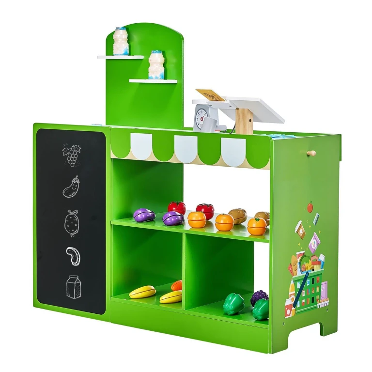 Kids Grocery Store Playset Wooden Play Market Stand with Cash Register - Multicolor