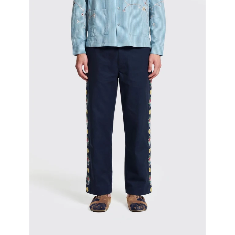 Wide Leg Cotton Trousers with Embroidered Details and Zip Fly (PA16012NAVY)