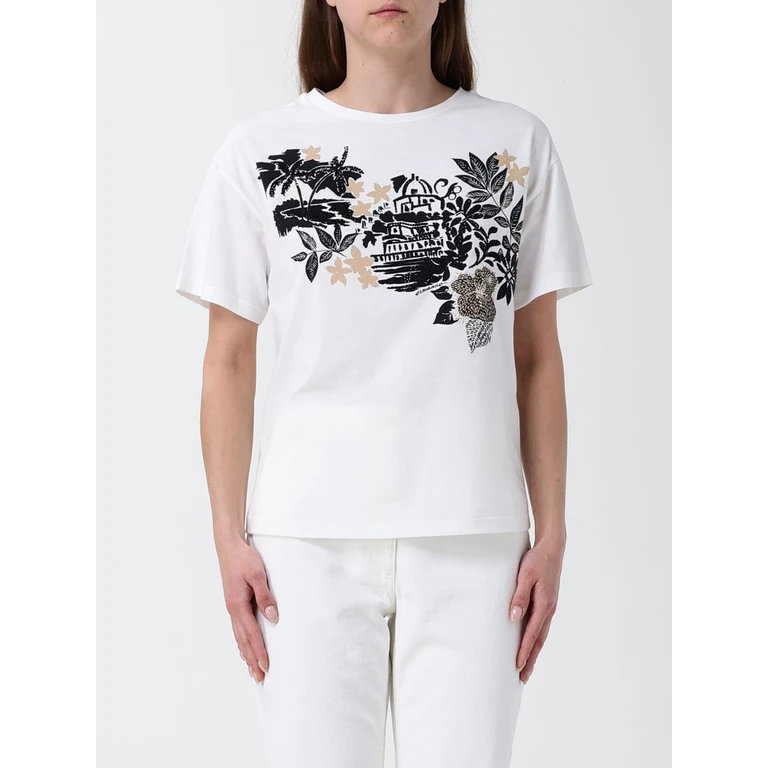 Cotton T-shirt with Logo Print and Rhinestone Application (D48EL040EE9MFB63)