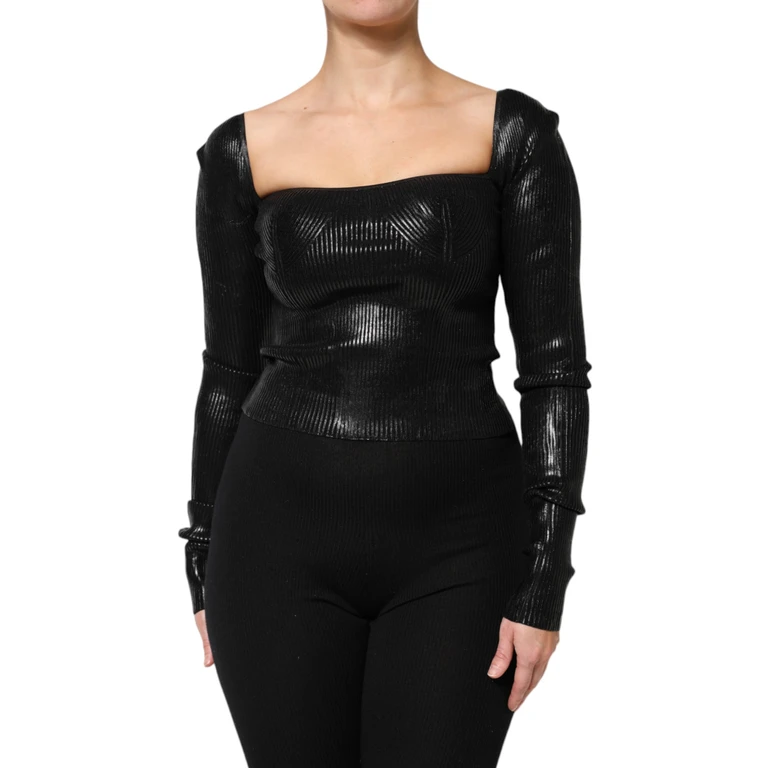 Black Viscose Long Sleeves Fitted Blouse Top - Women