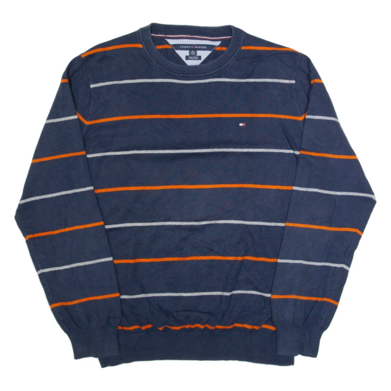 TOMMY HILFIGER Mens Patterned Jumper Blue Striped Tight Knit XL