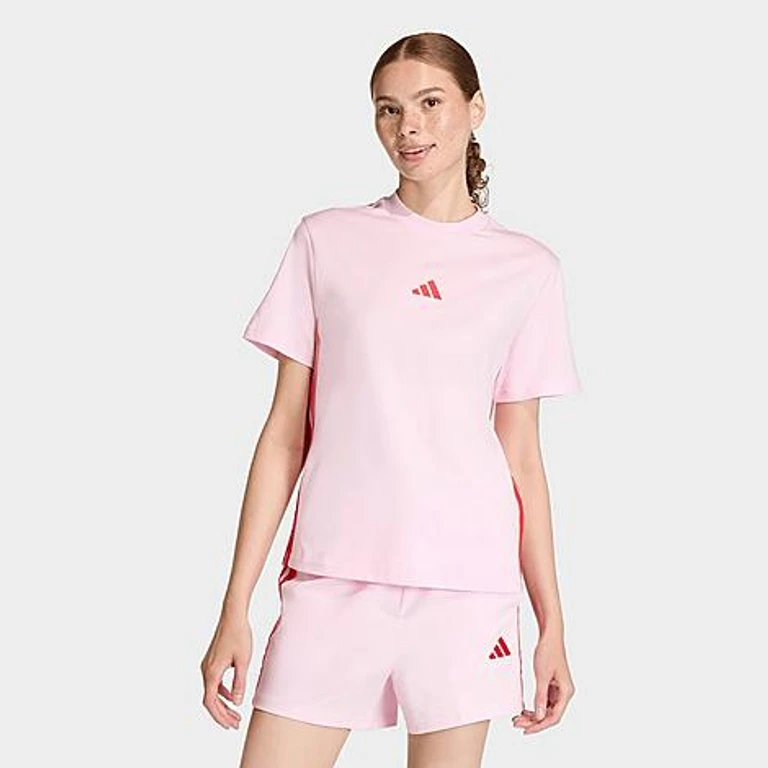 adidas Women's Sportswear Essentials 3-Stripes Cotton T-Shirt in Clear Pink/Pure Ruby Size: Small