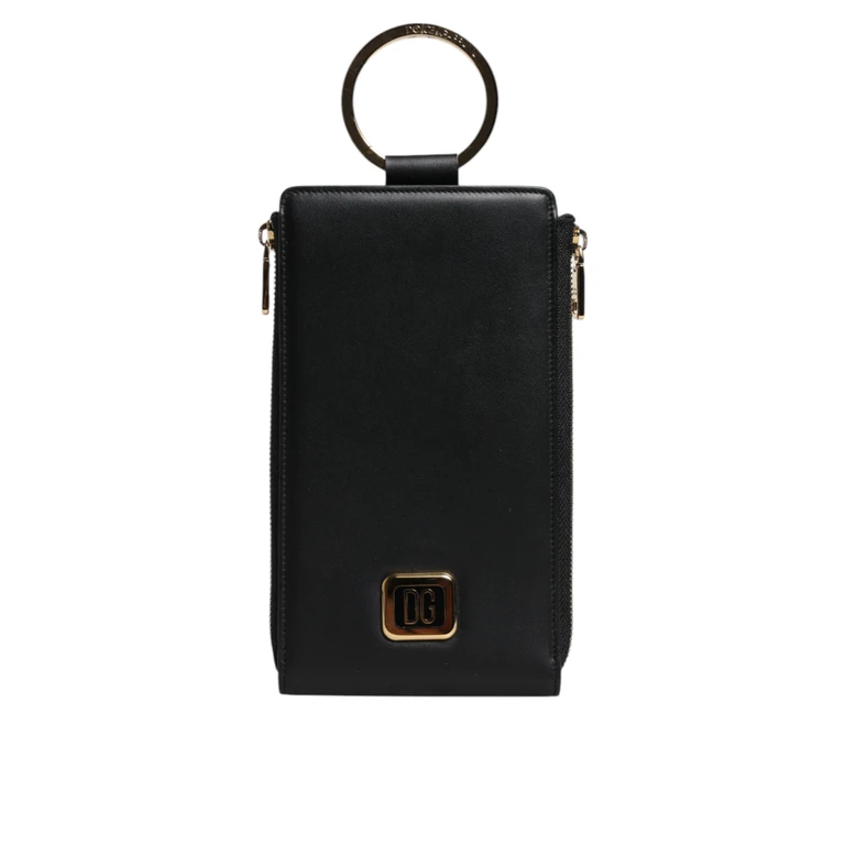 Dolce & Gabbana Black Leather Logo Plaque Neck Strap Card Coin Wallet - Women