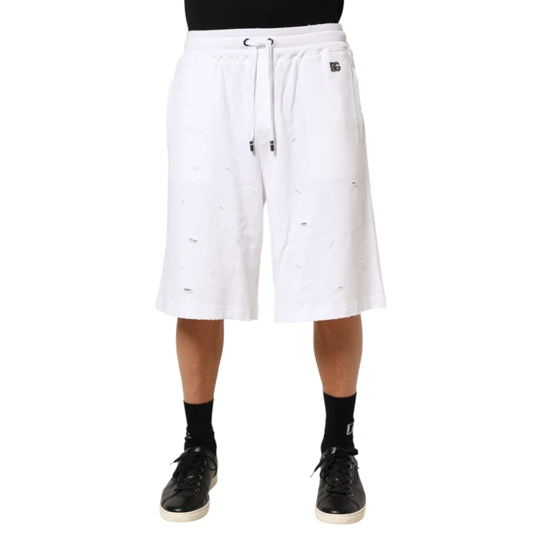 Dolce & Gabbana White Cotton Ripped Bermuda Sweatpants Shorts - Men