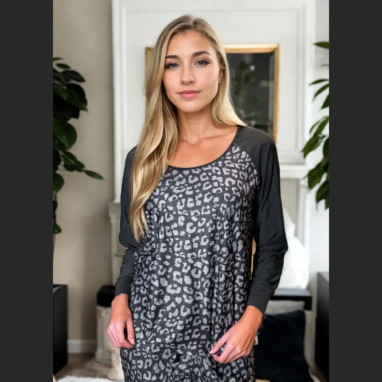Grey And Black Leopard Print Long Sleeve Raglan Top