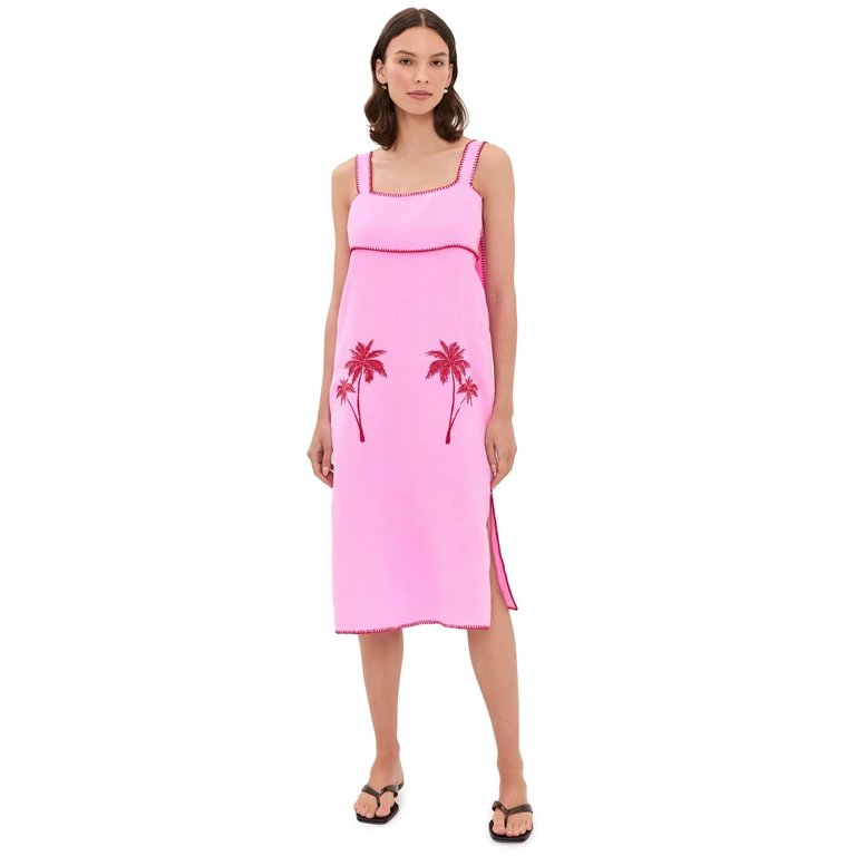 English Factory Tropical Embroidered Midi Dress Pink/Red L