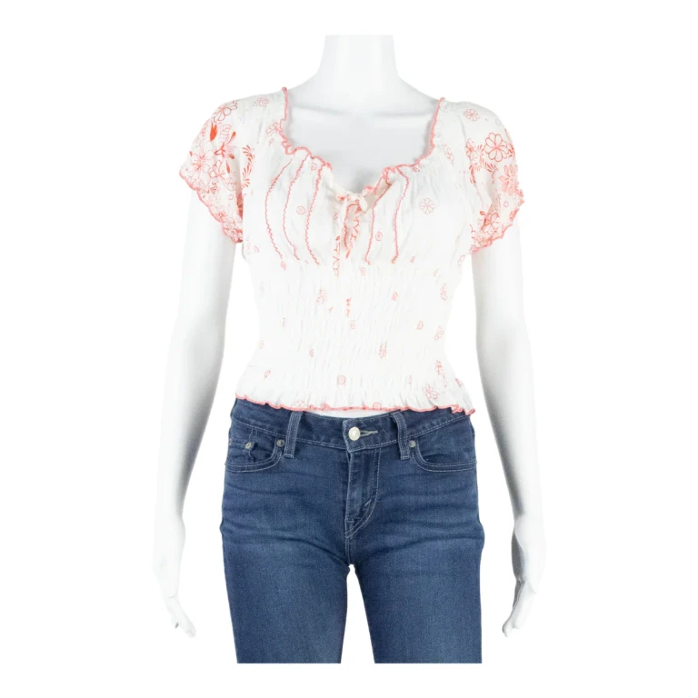 Womens Cropped Top Pink Puff Sleeve Floral L