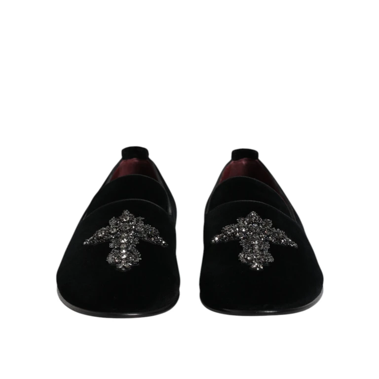 Dolce & Gabbana Black Velvet Embellished Loafer Slip On Shoes Glass Capra - Men