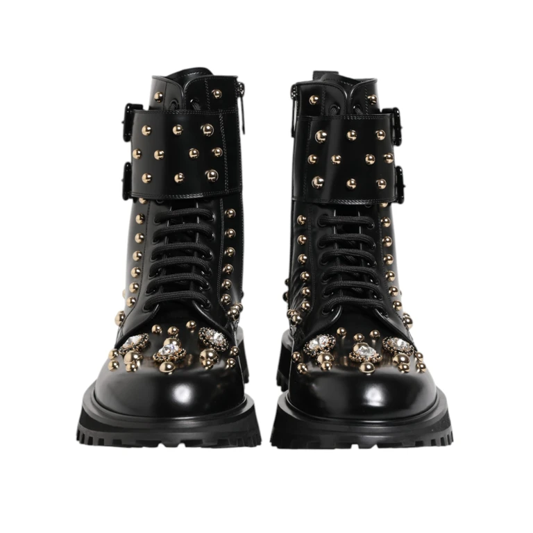Dolce & Gabbana Black Studded Lace Up Mid Calf Boots Shoes Calfskin Leather - Men