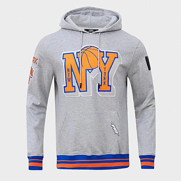Pro Standard Men's New York Knicks NBA Mashup Fleece Pullover Hoodie in Heather Grey/Royal/Orange Size: Small