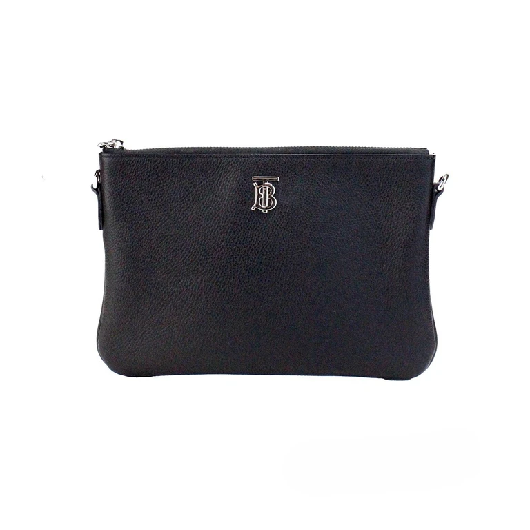 Burberry Peyton Monogram Black Leather Pouch Crossbody Bag Purse Silver - Women