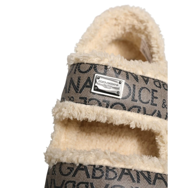 Dolce & Gabbana Beige Faux Fur Logo Print Flats Sandals Shoes - Men
