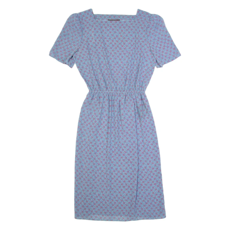 JT DRESS Womens A-Line Dress Blue 90s Floral Short Sleeve Midi S