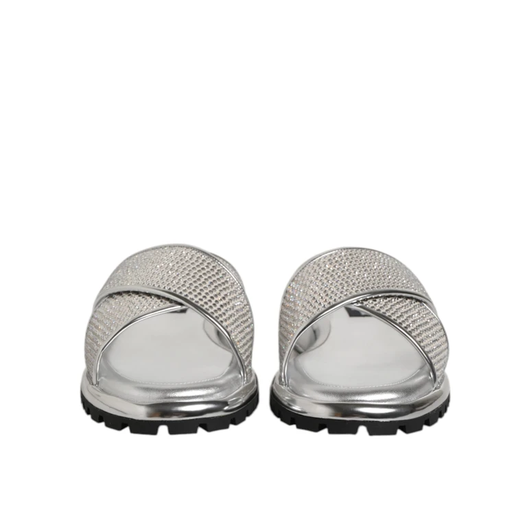 Dolce & Gabbana Silver Strass Slides Flats Slippers Shoes Pl+pu+lamb+goat - Men