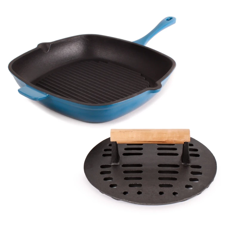 Neo 2pc Cast Iron 11" Grill Pan with Slotted Steak Press, Blue