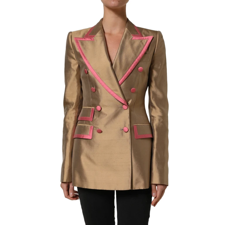 Gold Silk Double Breasted Coat Blazer Jacket And Pink External Clothing - Women