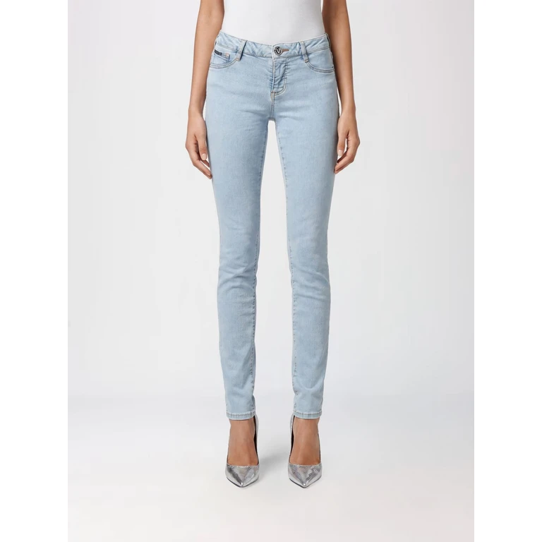 Cropped Skinny Stretch Denim Jeans with Hexagon Logo (AAACWDT1790PDE004N07CI)