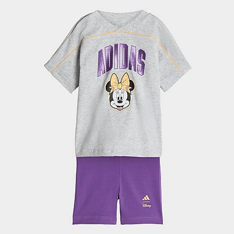 adidas Infant and Girls' Toddler x Disney Minnie Mouse T-Shirt and Bike Shorts Set in Light Grey Heather/Semi Ice Tangerine Size: 3M