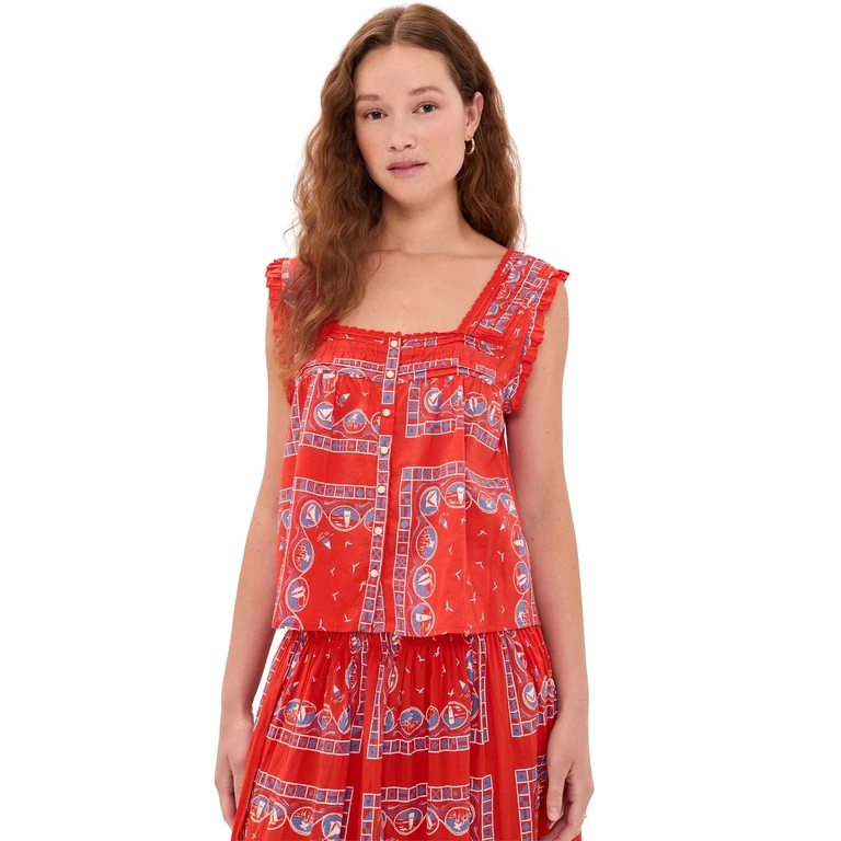 THE GREAT. The Victorian Pleat Tank Top Red Sailboat Bandana 0
