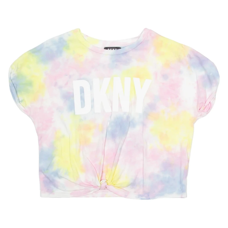 DKNY Cropped Womens Tie Dye T-Shirt Pink Crew Neck UK 14