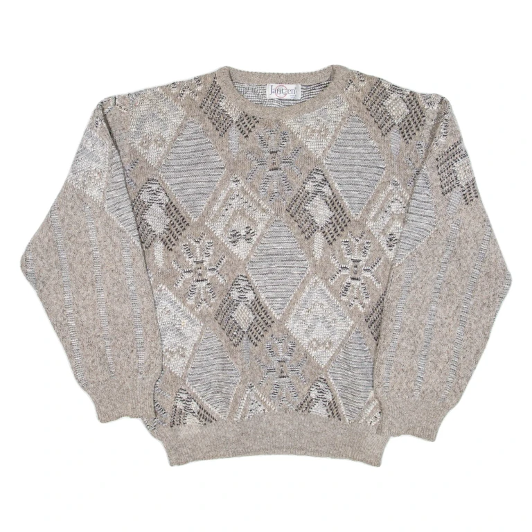JANTZEN Womens Patterned Jumper Beige Crazy Pattern 90s Wool L