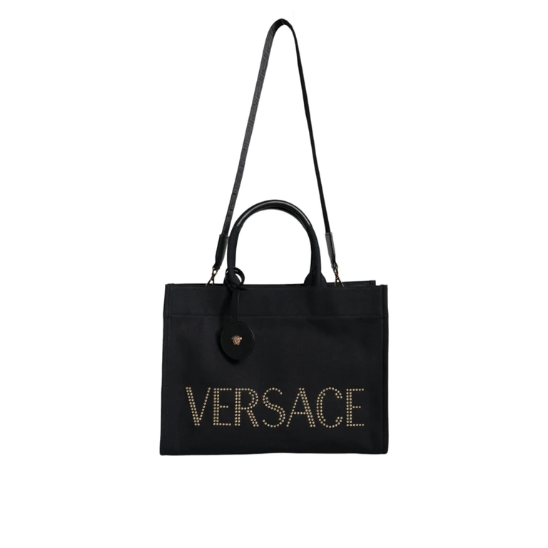 Versace Black Top Handle Canvas Leather Logo Crossbody Tote Bag - Women