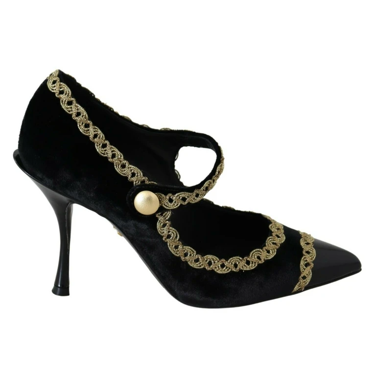 Black Embellished Velvet Mary Jane Pumps Shoes - Women