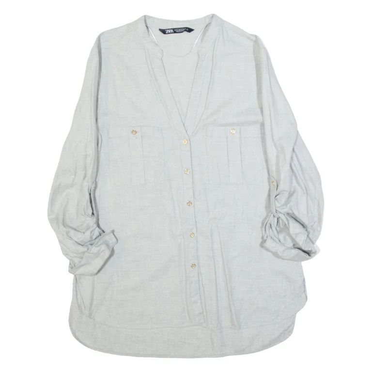 ZARA Womens Shirt Grey V-Neck Long Sleeve S