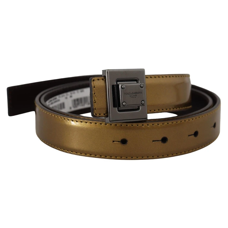 Dolce & Gabbana Gold Leather Silver Square Metal Buckle Belt - Men