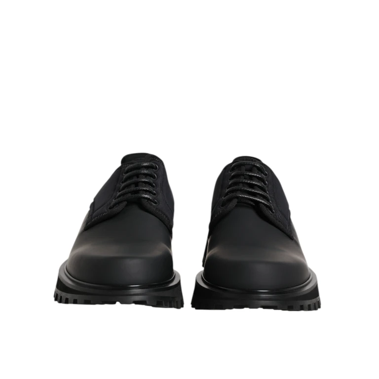 Dolce & Gabbana Black Leather Lace Up Trekking Dress Shoes Calf Nylon Elastane - Men