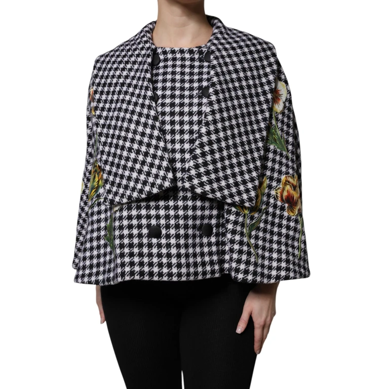 Black White Monochrome Patterned Floral Cape Jacket And Virgin Wool Elastane Clothing - Women