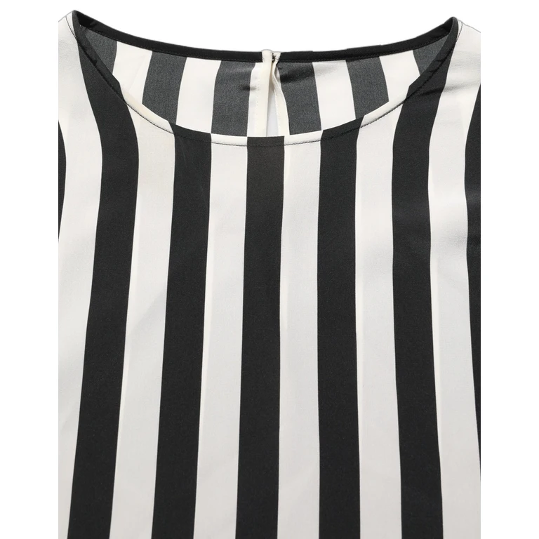 Black White Stripes Round Neck Blouse Top Silk - Women