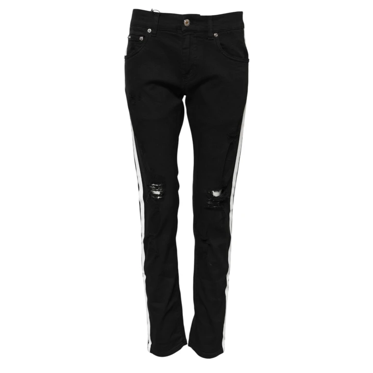 Black Tattered White Lining Skinny Denim Jeans Black/white Cotton Pu Elastane Clothing - Men