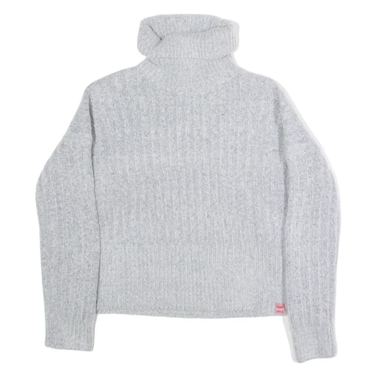 SUPERDRY Cropped Womens Heavy Knit Jumper Grey Roll Neck Tight Knit UK 8