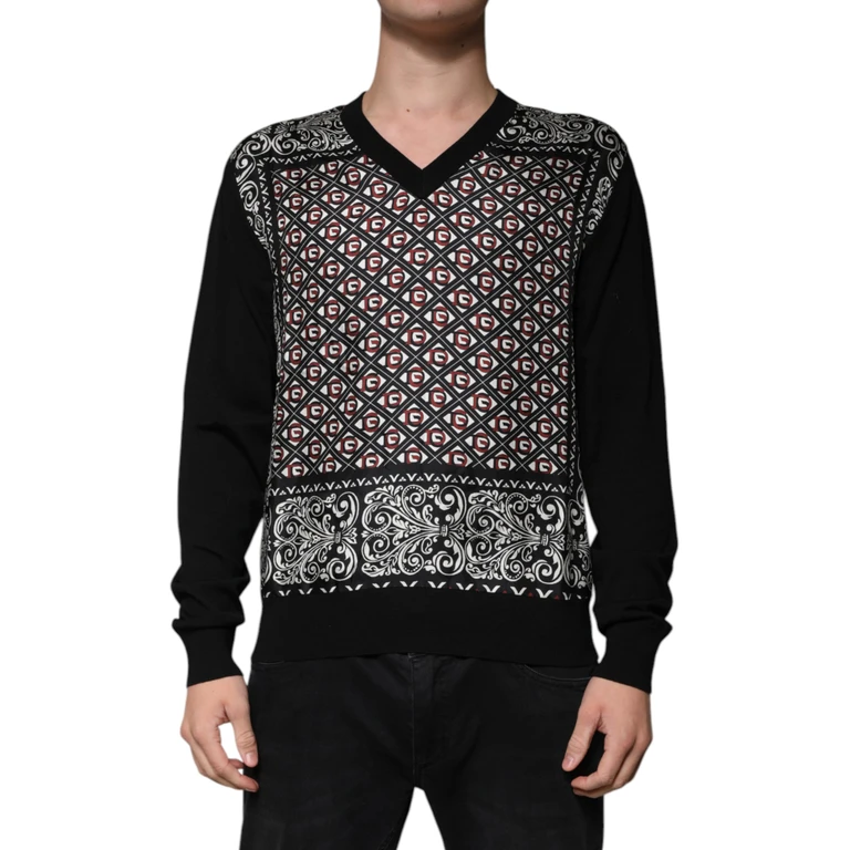 Black Logo Wool V-Neck Pullover Sweater Virgin Silk Clothing - Men