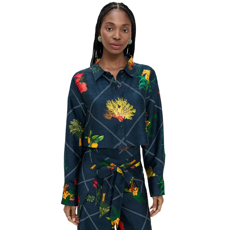 Coniglio Palm Beach Cropped Classic Silk Button Down Florida Frame Navy One Size