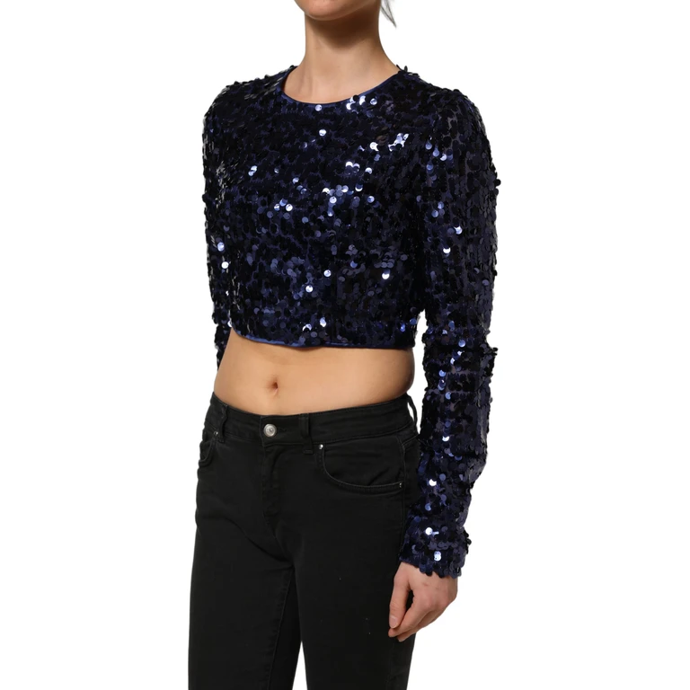 Dolce & Gabbana Blue Sequined Long Sleeves Crop Blouse Top Nylon - Women