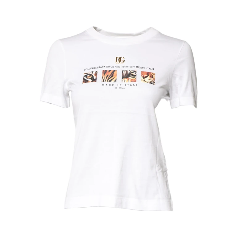 Dolce & Gabbana White Cotton Graphic Print Crew Neck T-Shirt - Women