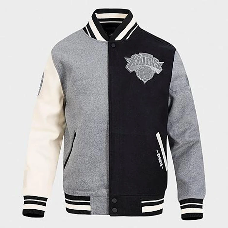Pro Standard Men's New York Knicks NBA Reverse French Terry Wool Varsity Jacket in Black/Grey/Eggshell Size: Small