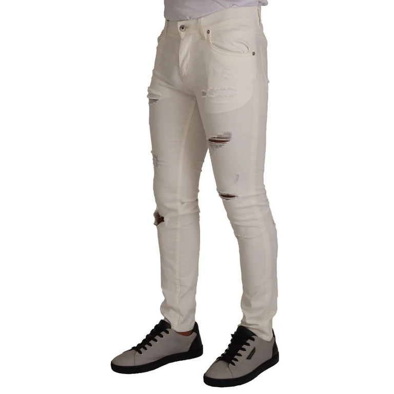 White Tattered Skinny Cotton Men Denim Jeans Elastane Clothing - Men