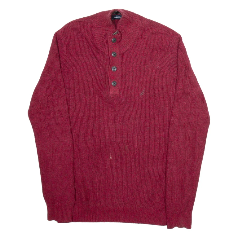 NAUTICA Mens Jumper Red Button Neck Tight Knit XL
